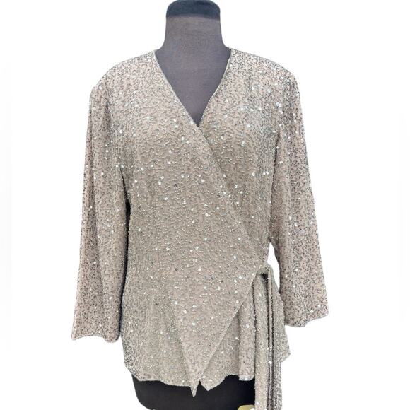 Y2K Champagne Sequin Wrap Glitzy Glam Blouse 16 Glam Party Disco Romantic - Picture 1 of 7